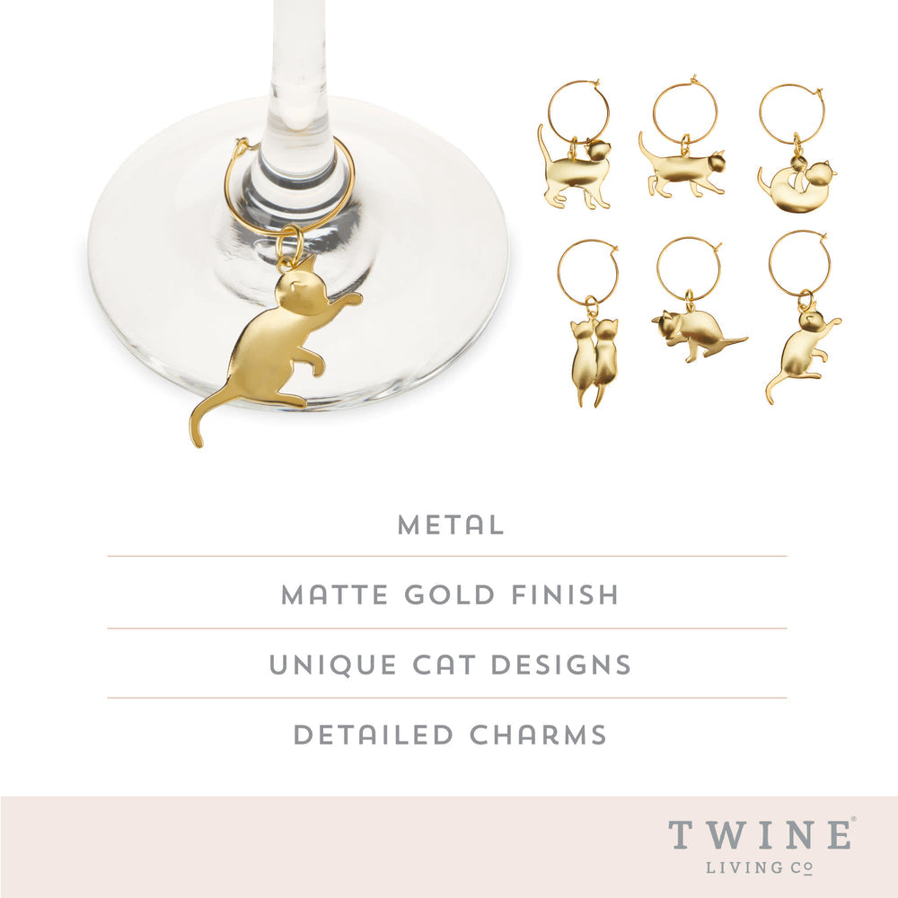 Twine Cat Wine Charms in Gold, Set of 6