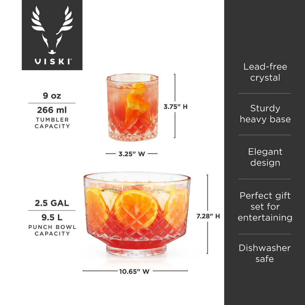 Viski Admiral Crystal 9-Piece Punch Bowl & Tumbler Set