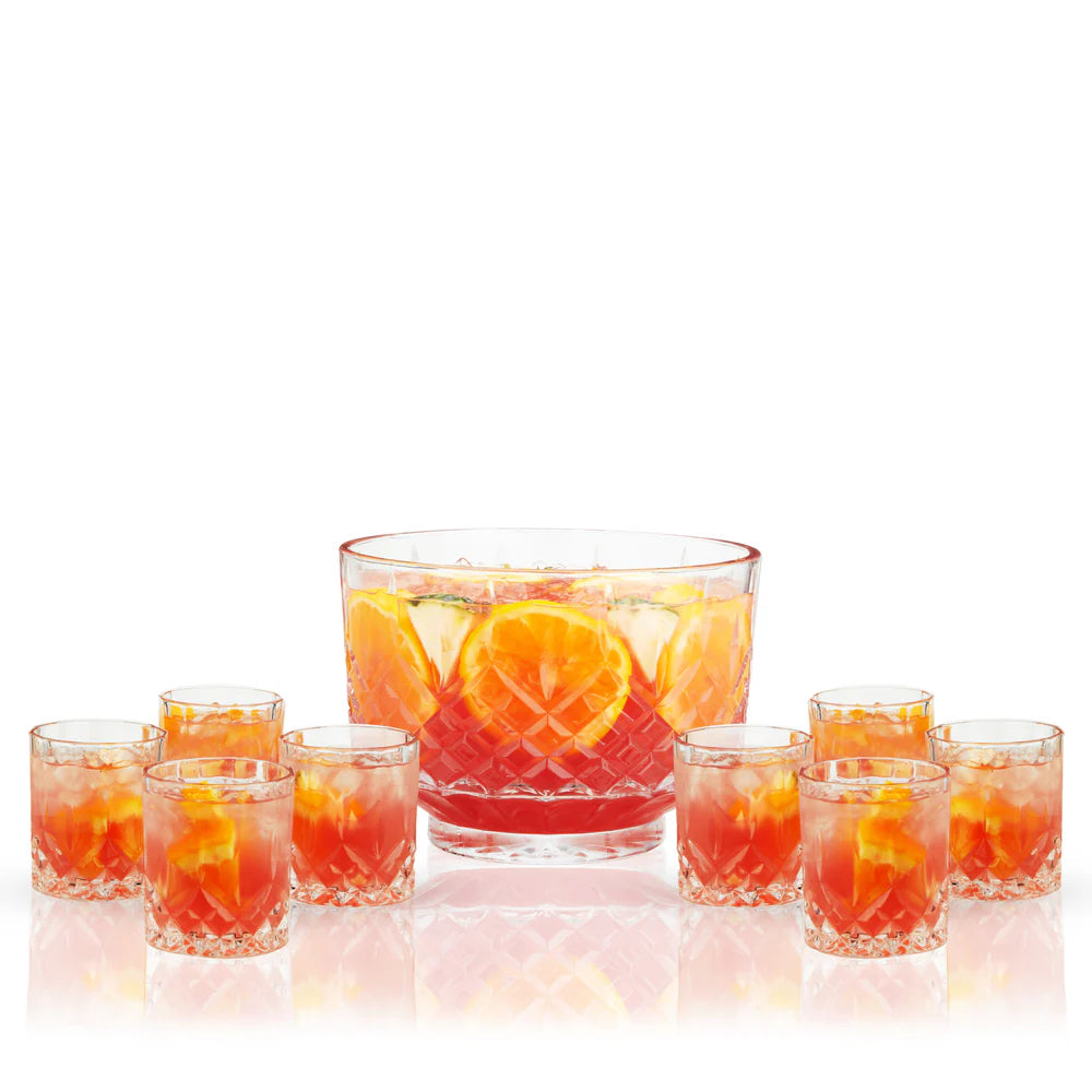 Viski Admiral Crystal 9-Piece Punch Bowl & Tumbler Set