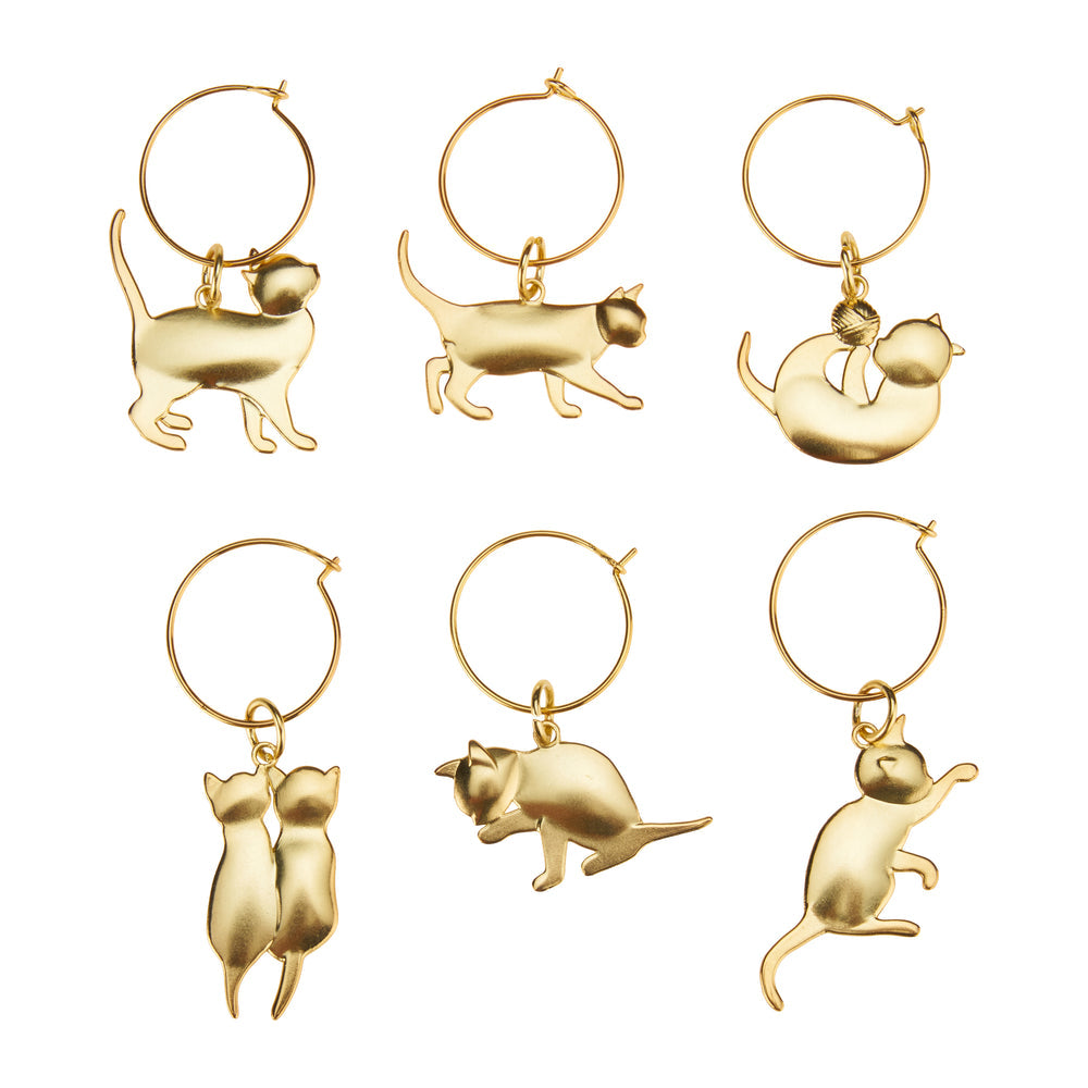 Twine Cat Wine Charms in Gold, Set of 6