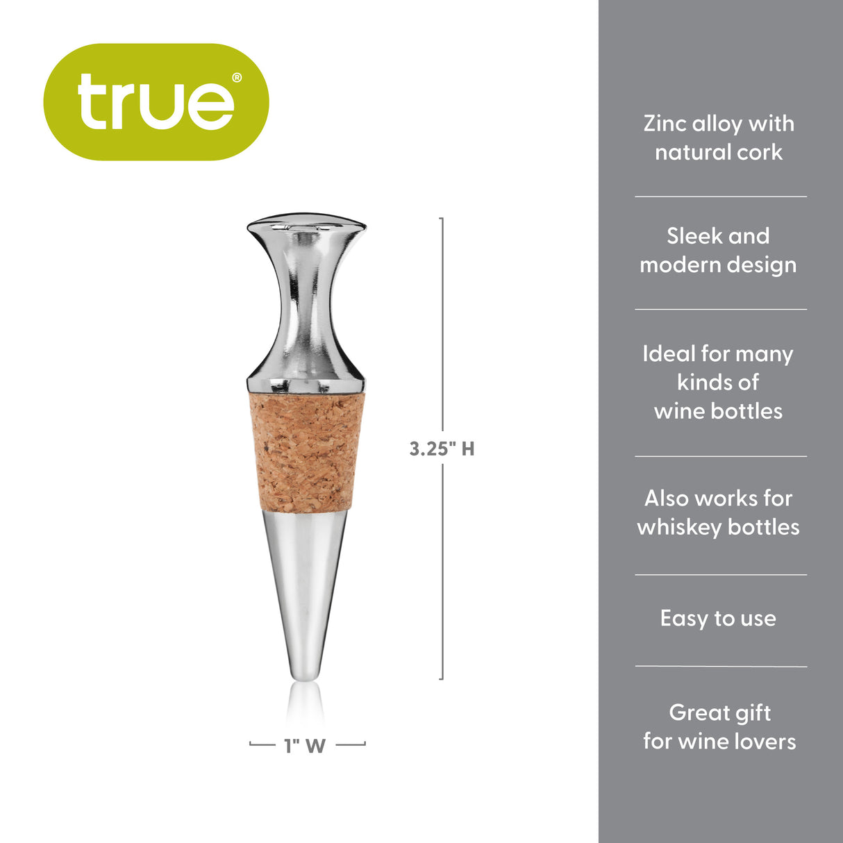 True Monarch Chrome & Cork Bottle Stopper