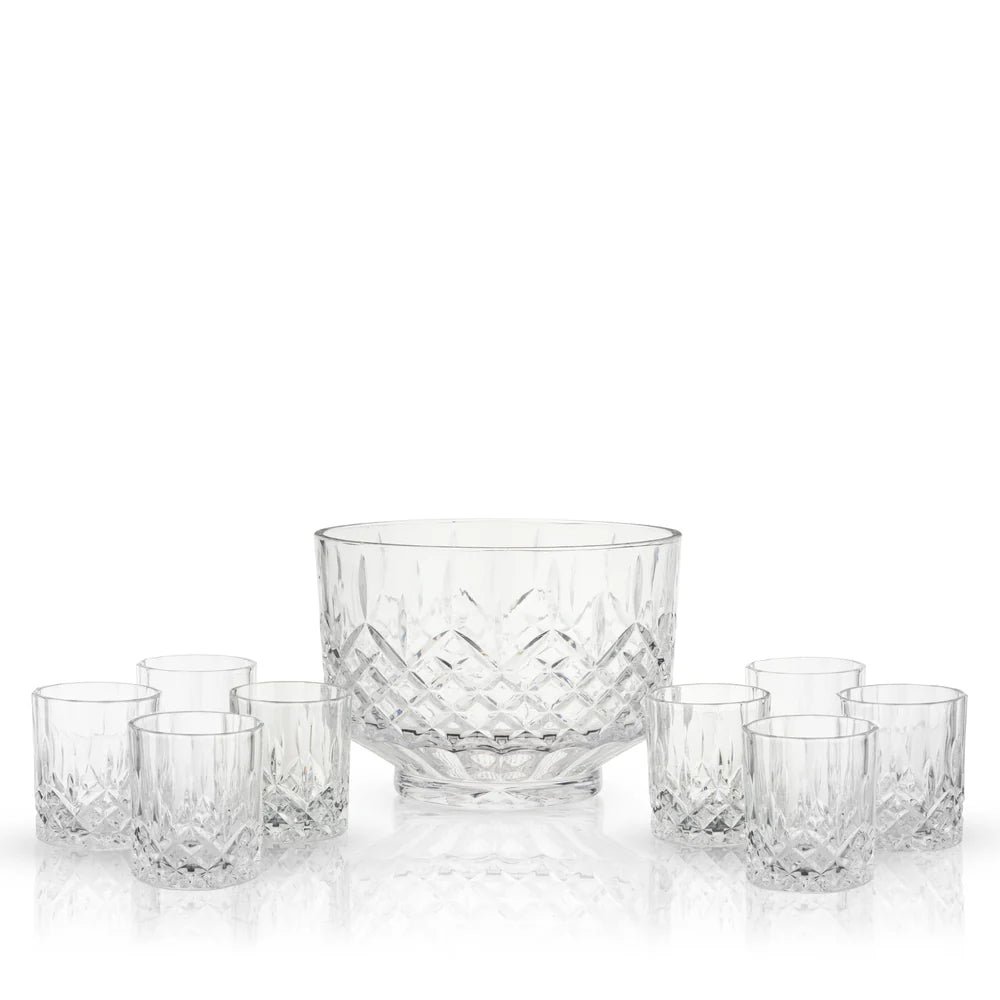 Viski Admiral Crystal 9-Piece Punch Bowl & Tumbler Set