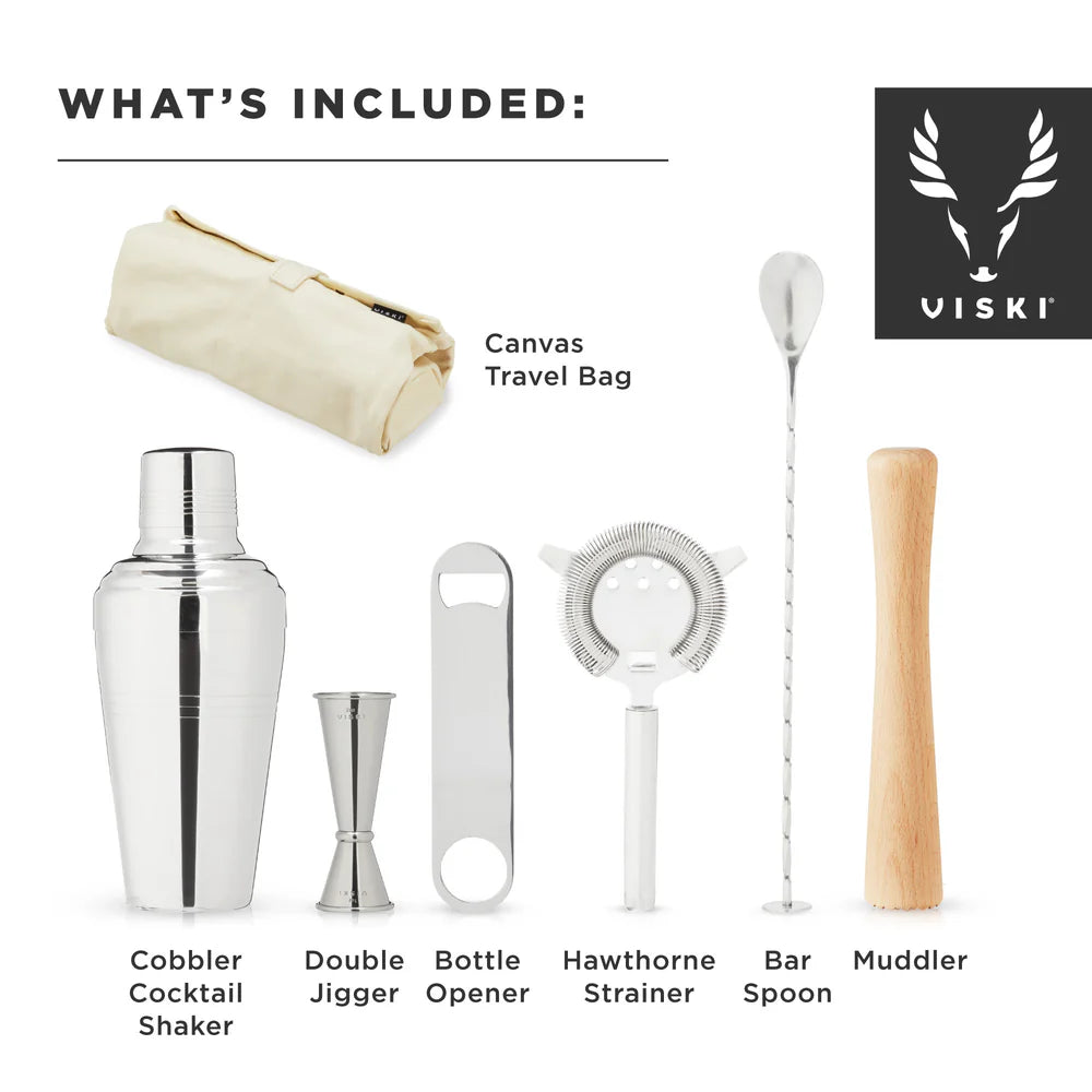 Viski 6-Piece Travel Barware Set in Stainless Steel with Canvas Bag