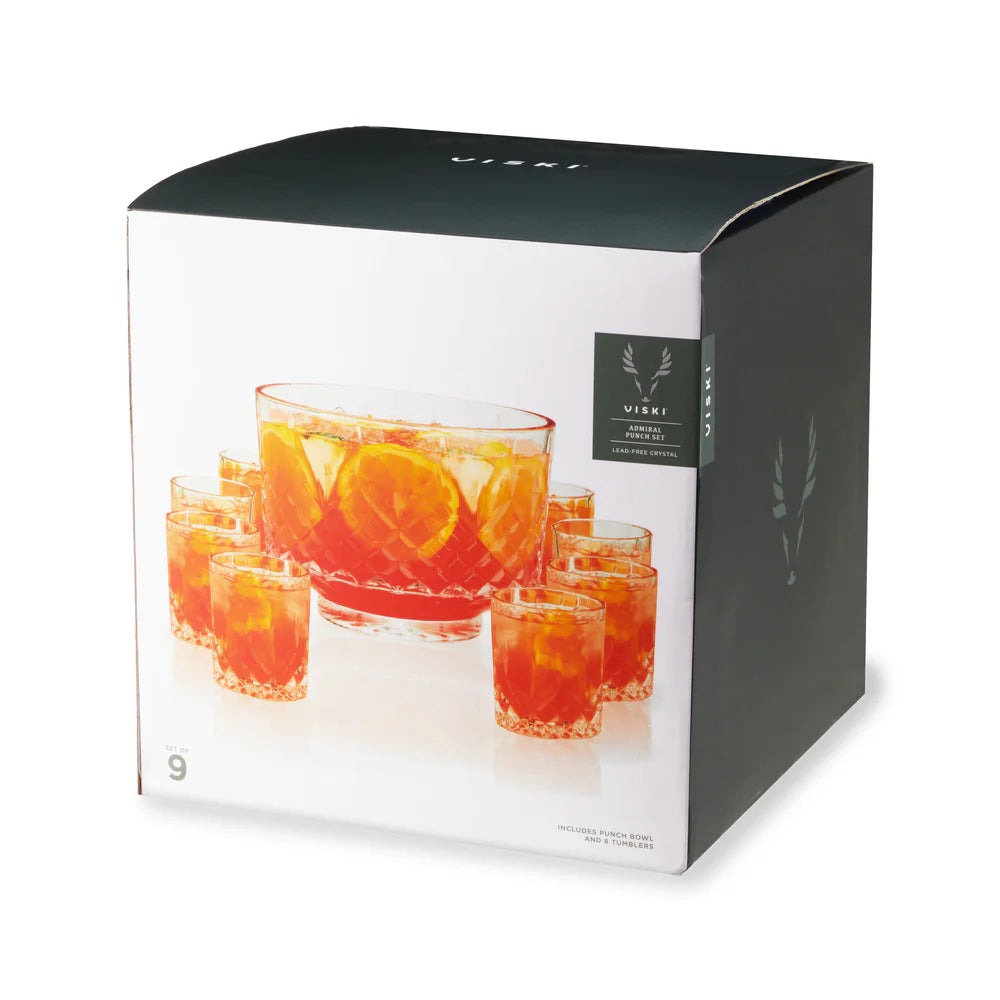 Viski Admiral Crystal 9-Piece Punch Bowl & Tumbler Set