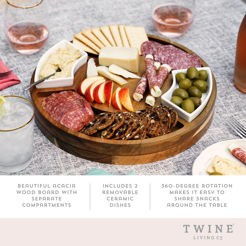 Twine Acacia Wood Rotating Charcuterie Board with Ceramic Dishes